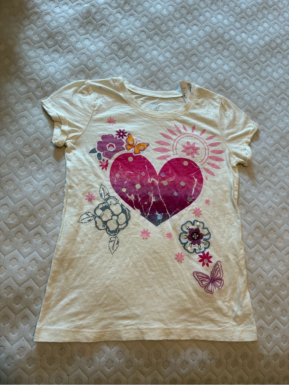 The Children's Place Pink Heart & Floral Short Sleeve Off White Tee